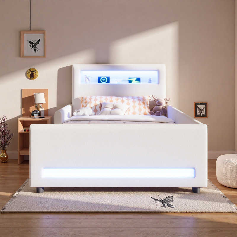 Lit plateforme tapissier avec tiroir, bande lumineuse à DEL et port USB, Lit simple, Blanc