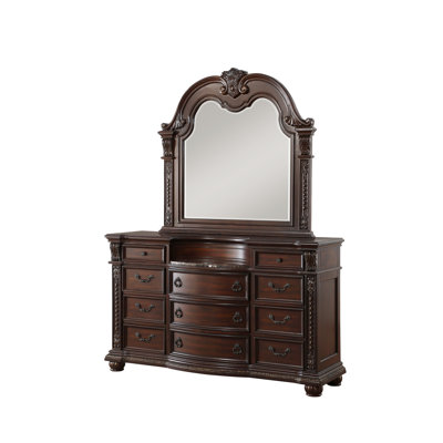 Commode de luxe 1 pièce à finition cerisier foncé avec 11 tiroirs avec insert en marbre véritable et basculement doré