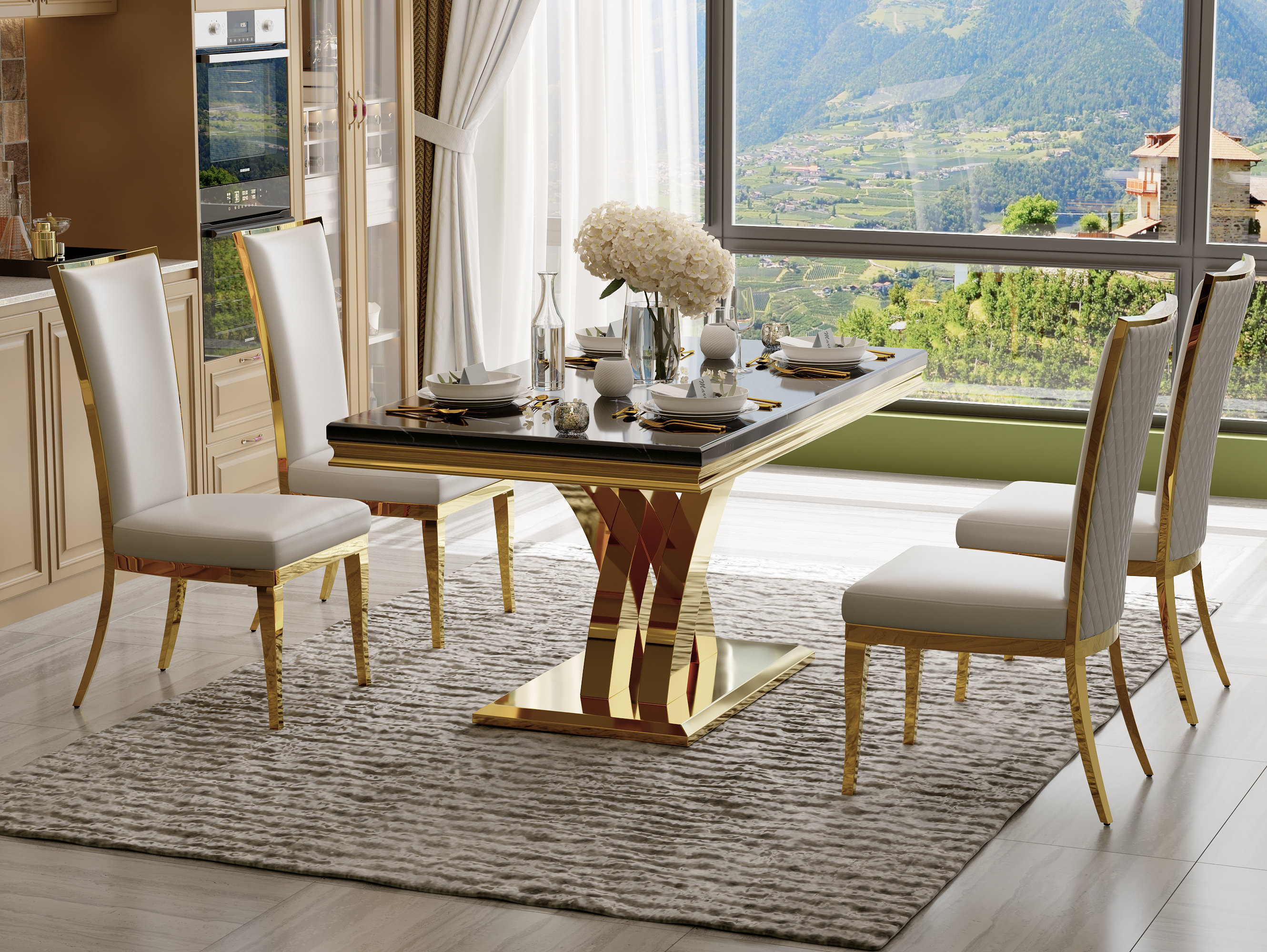 Rosdorf Park Luxury 7 Piece Gold Dining Table Set With 6 White Leather ...