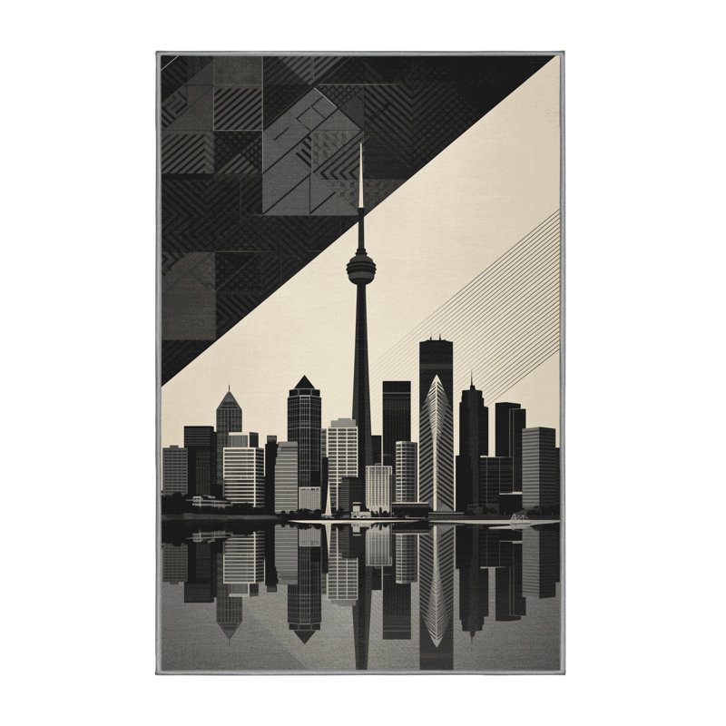 Tapis gris moelleux et doux à motif géométrique moderne Burnham Toronto Skyline, 7 x 10