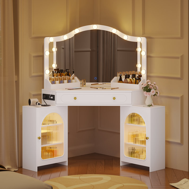 Bureau de coin avec miroir lumineux à DEL et prise de courant, table de maquillage avec ampoules, grand tiroir et 2 armoires de rangement