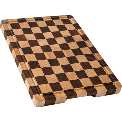 "Planche à découper en bois d'acacia à carreaux - Rainures et poignées à jus, grand plateau de service en bloc de boucher avec boîte-cadeau
