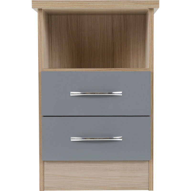 Cascio 2 Drawer Bedside Table, Grey Gloss/Light Oak Effect Veneer
