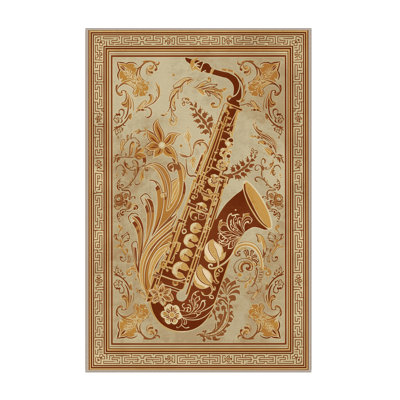 Tapis oriental brun et beige à motif de saxophone Oweda lavable à la machine