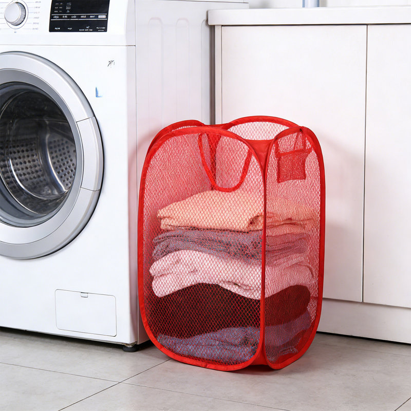 Foldable Mesh Laundry Hamper With Side Pocket Clothes Laundry Basket Storage Bag With Carry Handles For Dirty Clothes, Red