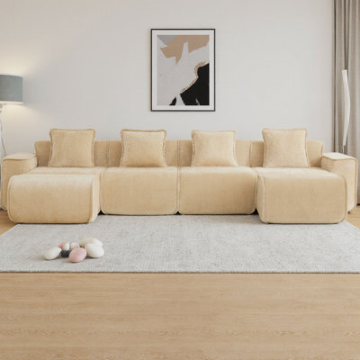 Canapé modulaire en U à 4 places avec passepoil à bordure française, sans assemblage requis, canapé en velours avec coussins décoratifs et 2 repose-pieds mobiles