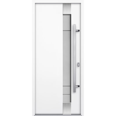 Porte d'entrée extérieure prémontée en acier, modèle Deux 1713, émail blanc, inserts en acier inoxydable, style moderne, peinte, largeur 91,4 cm x hauteur 203,2 cm, ouverture à gauche vers l'intérieur.