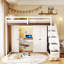 Lit mezzanine avec escalier de rangement, coiffeuse intégrée avec miroir et tiroir, garde-robe et armoires, ports et lumières de chargement USB-128509277