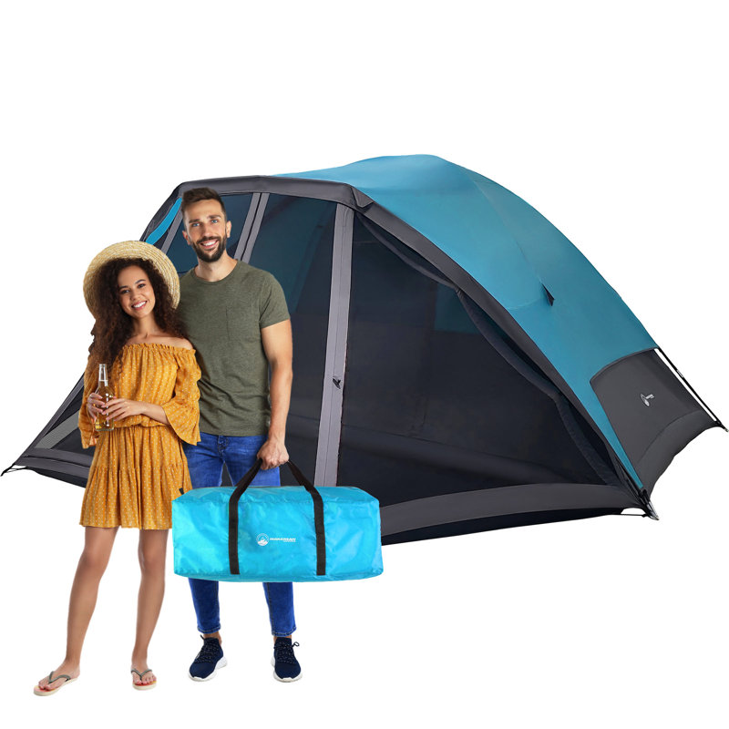Tente de camping style chalet pour 6 personnes avec écran intégré et sac de transport Wakeman, Blue/Grey