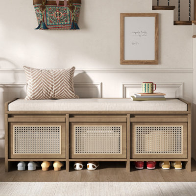 48" Entryway Shoe Bench, Retro Storage Bench with Rattan Drawers & Removable Button‑Tufted Upholstered Cushion for Living Room, Hallway, Foyer, Stair
