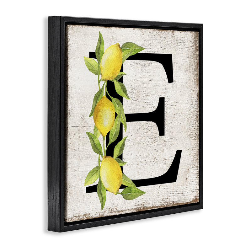 «E with Lemon», art mural encadré sur toile flottante par Creatif Belle, H 25 po x l 25 po, Cadre flottant noir de jais