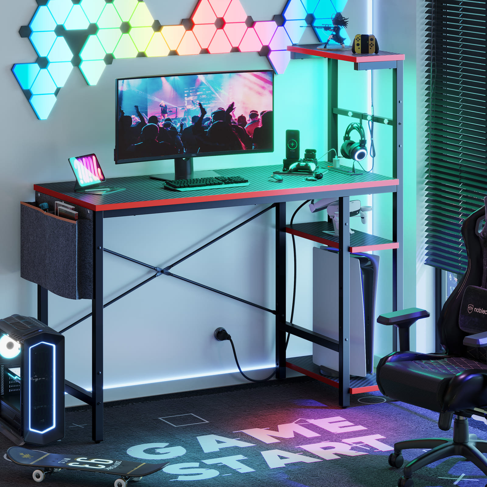 Bestier 44 Inch Gaming Desk, 4 Tier Shelf Computer Desk with USB Socket,  LED Lighting, Side Storage Bag and Accessories Hanger for Gaming and  Working