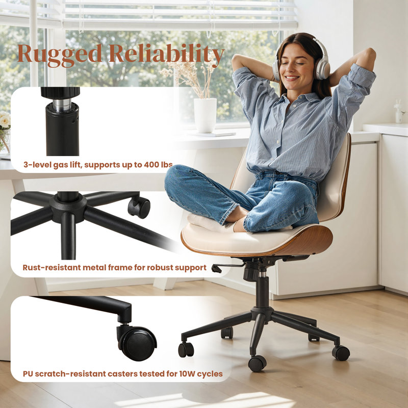 Ergonomic Adjustable Height Task Chair With Thickened Cushion, Beige