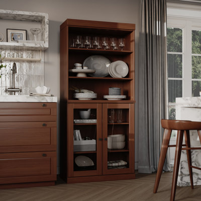 Kaniesha 100% Solid Wood 32" Pantry Cabinet with Clear Glass Doors and Adjustable Shelves