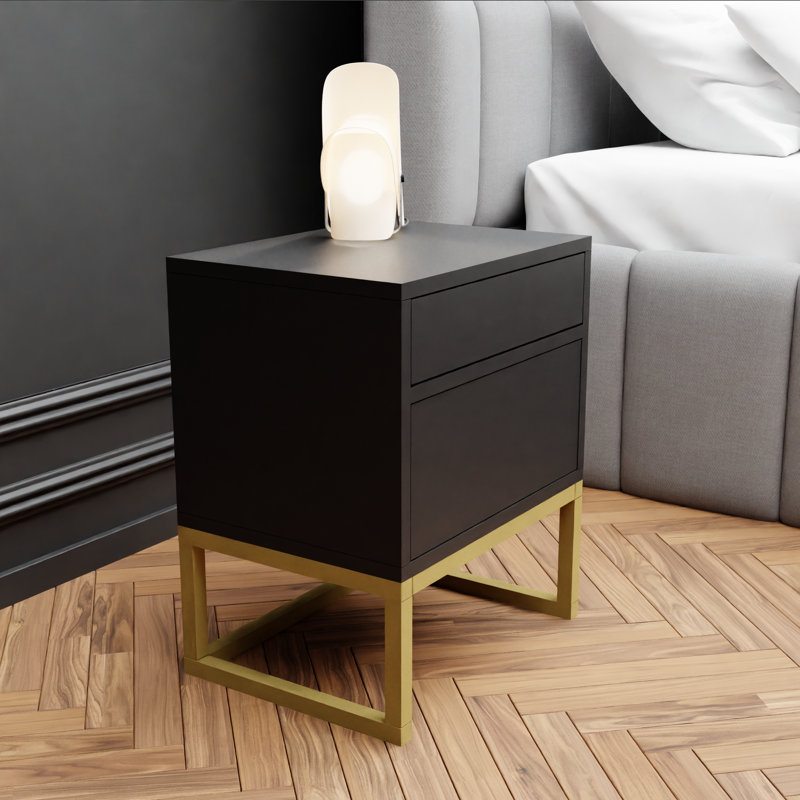 Mekenna 40cm W Metal Bedside Table, Black Matt/Gold