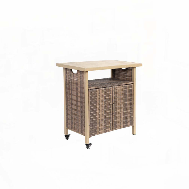 Outdoor Wicker Bar Cart, Patio Wine Serving Cart w/Wheels, Beige