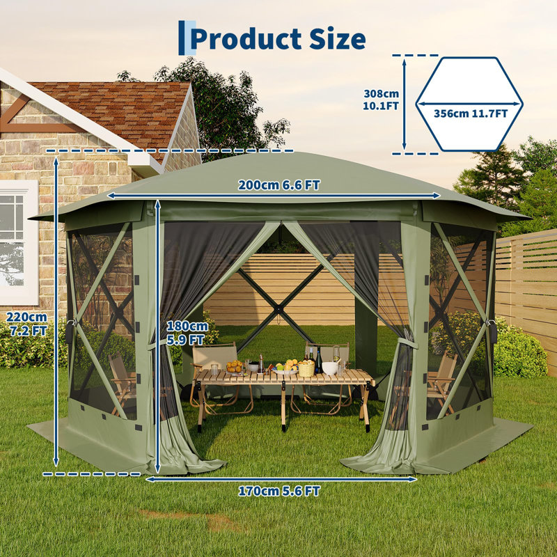 11.5' x 11.5' Hexagonal Pop-Up Gazebo Tent with One-Push Setup, Removable Mesh Panels & Wind Cloths, Outdoor Canopy Shelter for Camping, Backyard Parties, and Events
