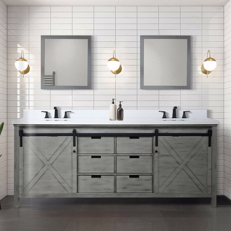 Ensemble de meuble-lavabo à double cuve 84 po de largeur x 22 po de profondeur avec comptoir en quartz blanc et robinet, Gris