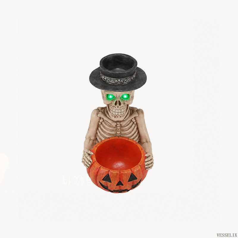 Figurine de squelette d'Halloween avec bol à bonbons citrouille et bougeoir, 11.42" H x 10.63" W x 7.48" D