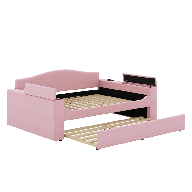 Full Upholstered Daybed With Trundle, Storage Armrests And Latest Integrated Bluetooth Audio System, Pink