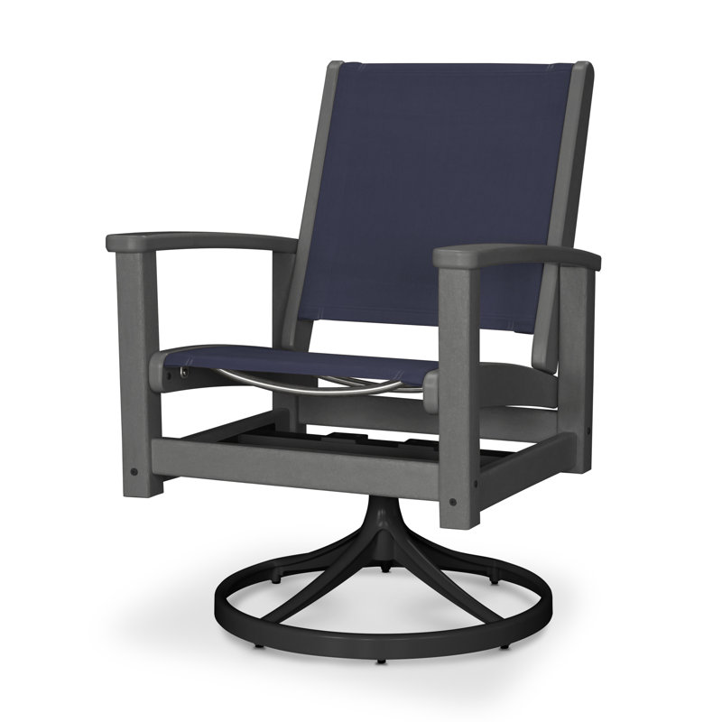 Chaise berçante pivotante POLYWOOD Coastal, Tissu natté bleu bord de piscine, Noir texturé / gris ardoise