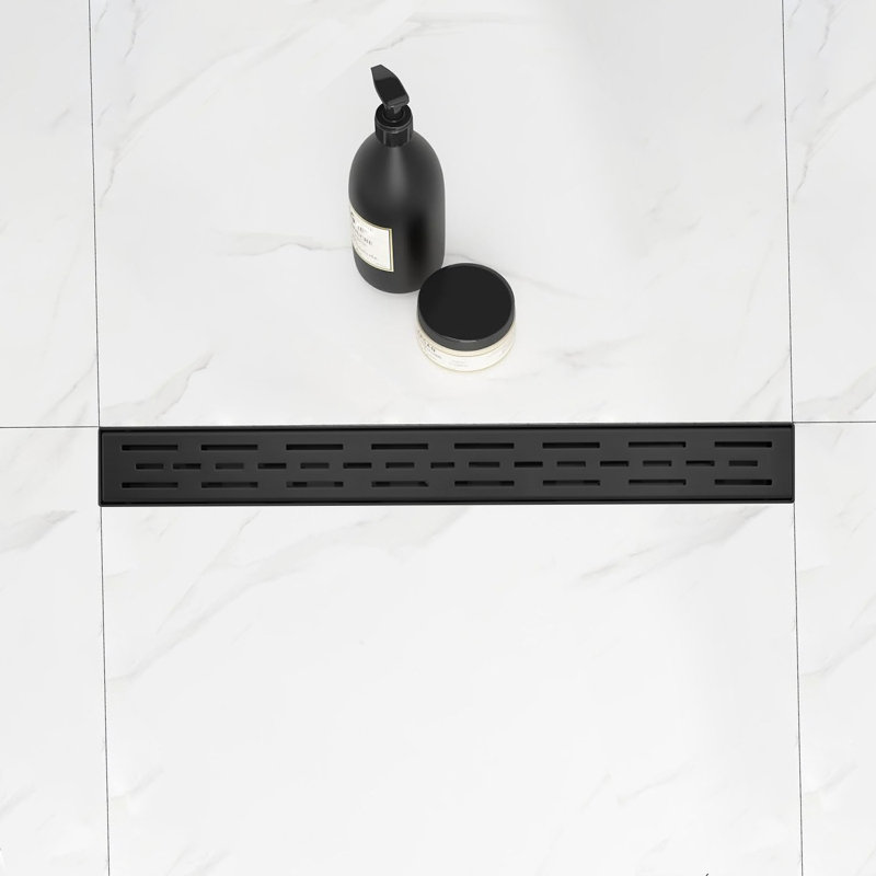24 Inches Linear Shower Drain With Removable Bar Pattern Grate,Linear Drain With Hair Strainer And Leveling Feet,Stainless Steel,Matte Black