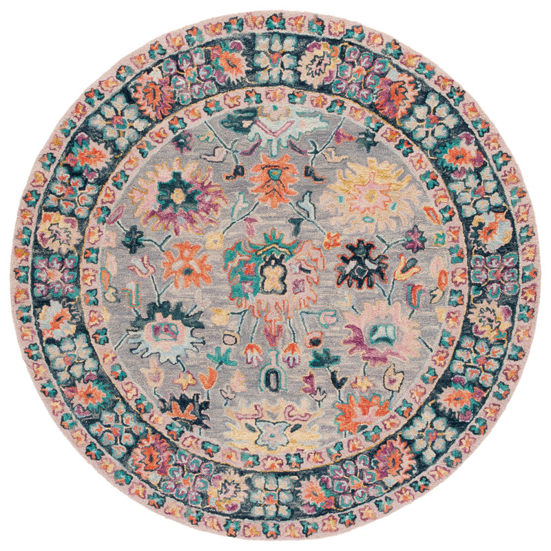 Creasman Oriental Hand Tufted Wool/Cotton Area Rug in Pink/Gray, Round 7"