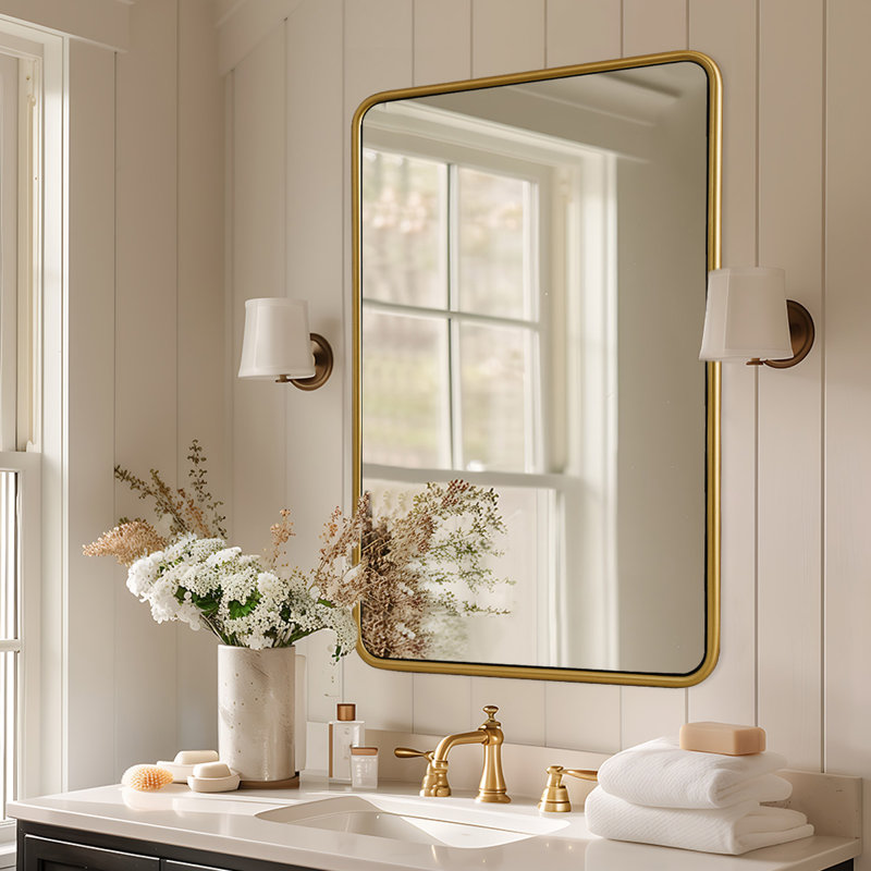 Contemporary Rectangle Bathroom Vanity Mirror | Stainless Steel O-Tube Frame Design, Brushed Gold, 30" x 22"