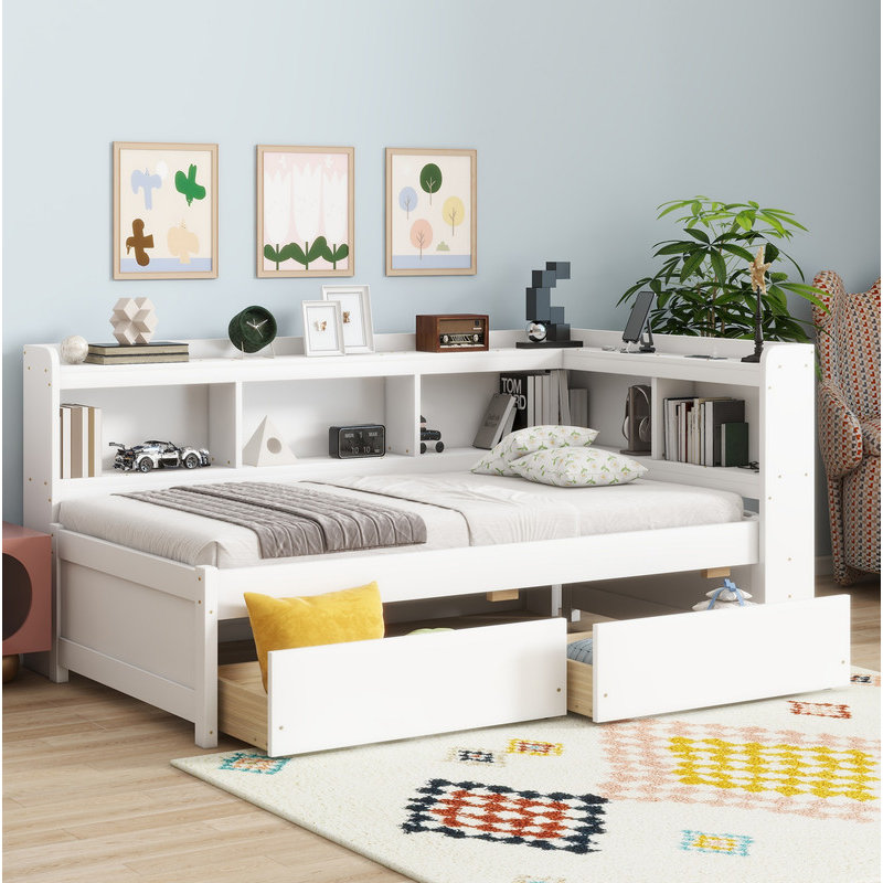Twin Size L-shaped Bookcases Bed with Power Outlets, USB Charging Ports,Two Drawers,White