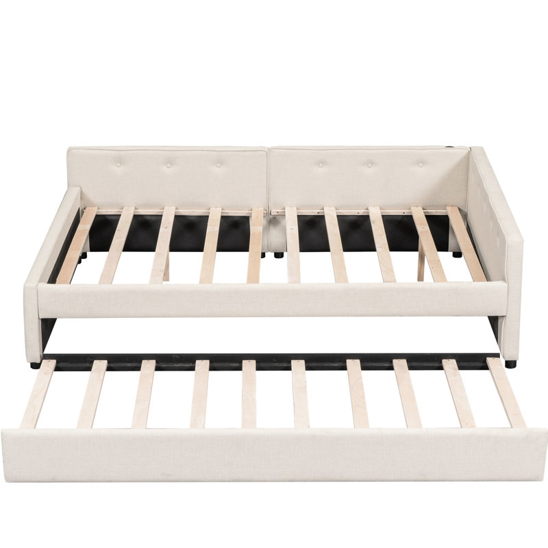 Elegant Beige Bed With And Size Trundle, Solid Build Platform , Trundle In Beige, Robust, Full