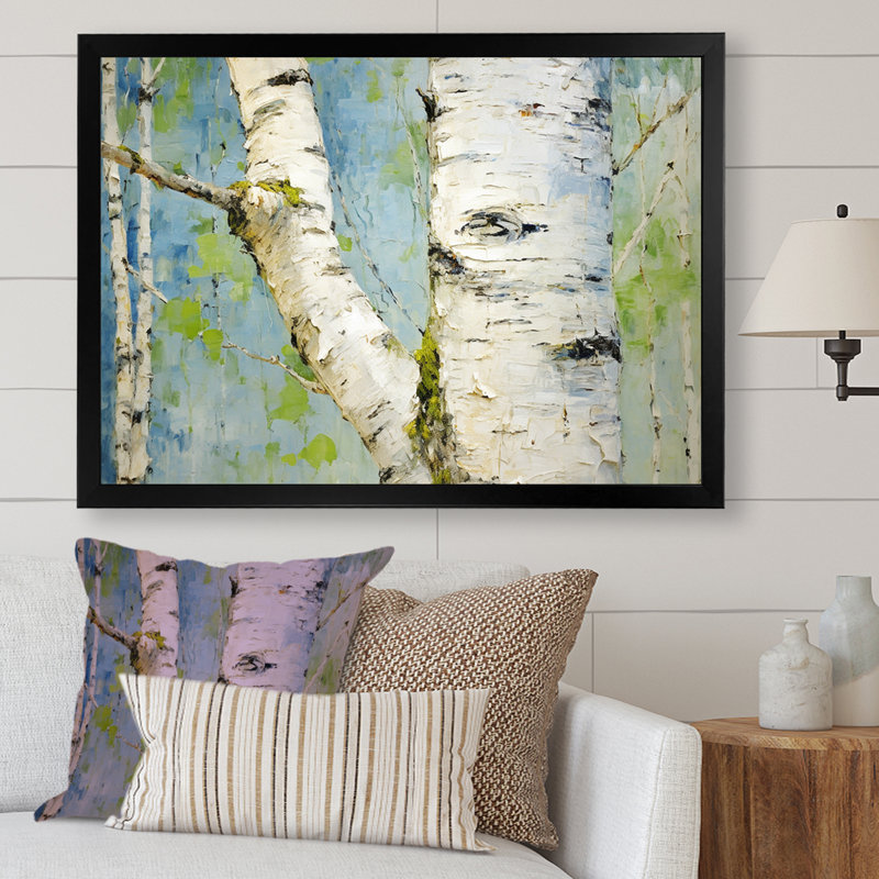 Bouleau minimaliste blanc et vert - art mural arbre, Cadre d'angle fermé noir, H 24 po x l 32 po x P 1 po