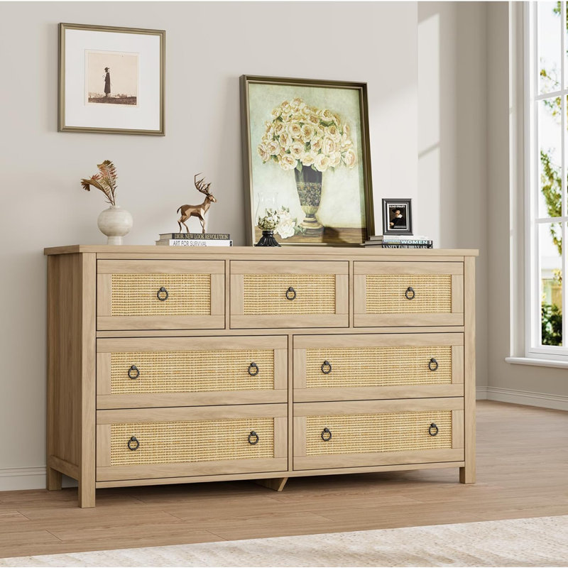 7-Dresser for Bedroom - Natural Rattan Style Storage for Nursery, Living Room
