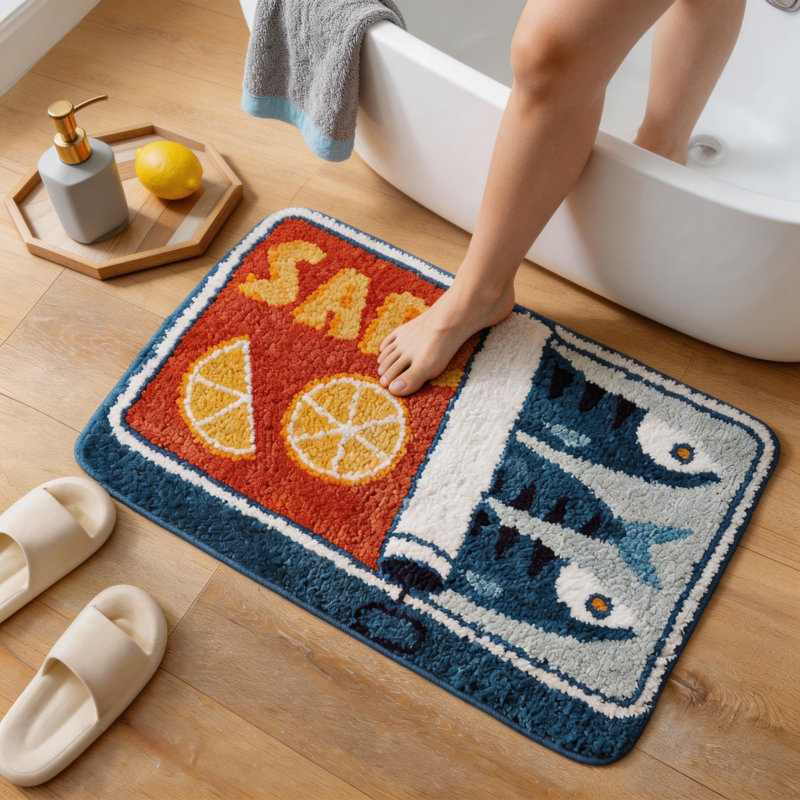 Mignon tapis de bain pour boîte de sardine, tapis de dessin animé lavable antidérapant doux (bleu)