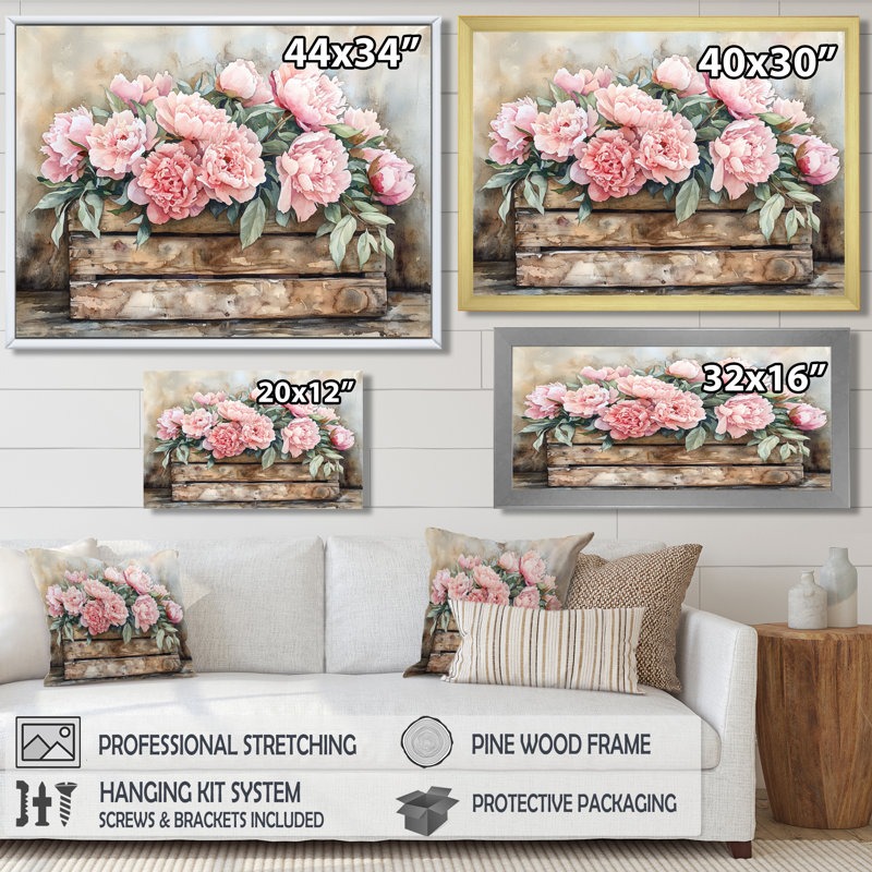 Jacarri Farmhouse Chic Bouquet I - pivoines, impressions sur toile, Argent argent, H 12 po x l 20 po