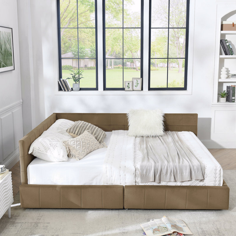 Queen Velvet Upholstered Bed Frame, Sofa Style, Backrest, Brown, Queen