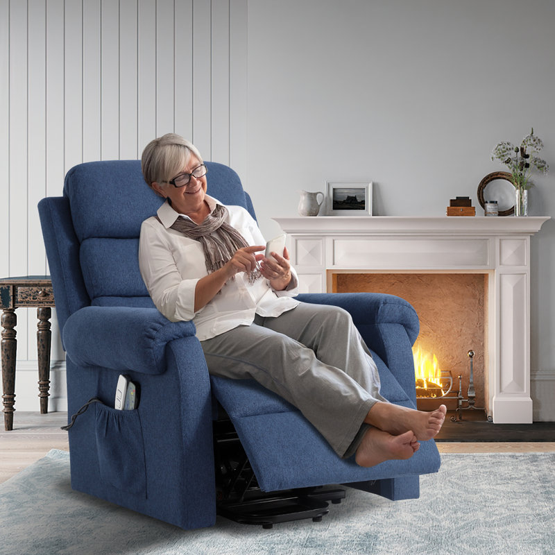Upholstered Heated Massage Chair, Navy Blue Polyester Blend