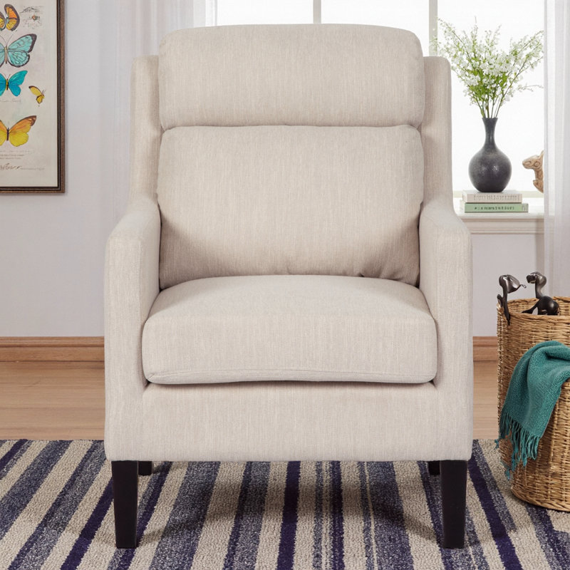 Fauteuil club contemporain en tissu beige avec dossier en cascade et pieds en bois d'hévéa écologiques, Beige