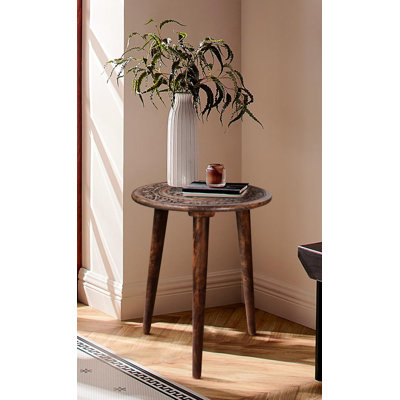 Round Hand-Carved 3-Leg Side Table, Dark Brown