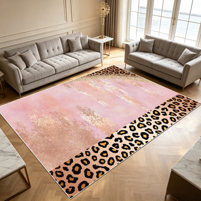 Tapis 1 pièce rosé et rose à imprimé léopard pour le salon, doux et confortable, adapté à toutes les saisons, facile à entretenir, tapis de sol intérieur lavable à la machine, sous la table de ferme convenant à la chambre à coucher, à la salle à manger, au couloir, au patio, .. .