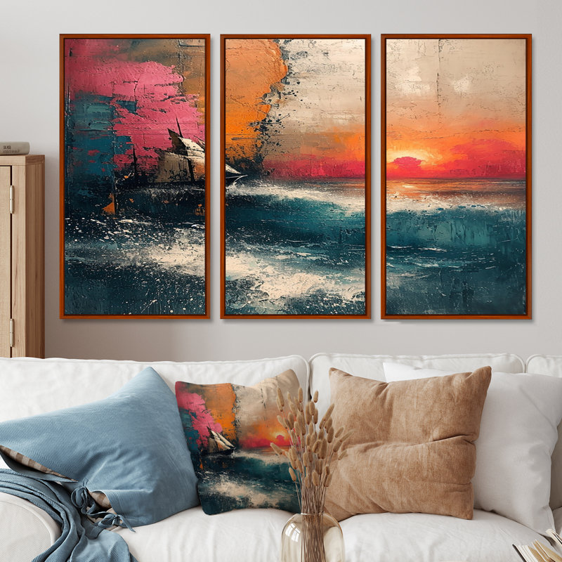 Ensemble de reproductions d'art mural «White Waves Wild Waves Vintage Collage» - plage et océan, Cadre flottant brun