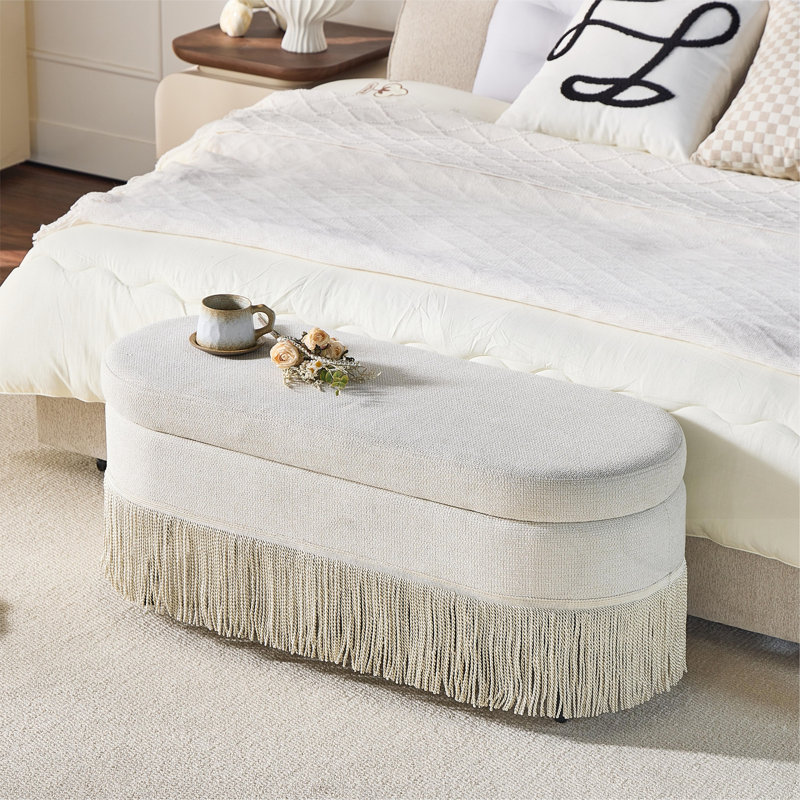 Banc de rangement ovale rembourré avec couvercle relevable, Beige, Beige