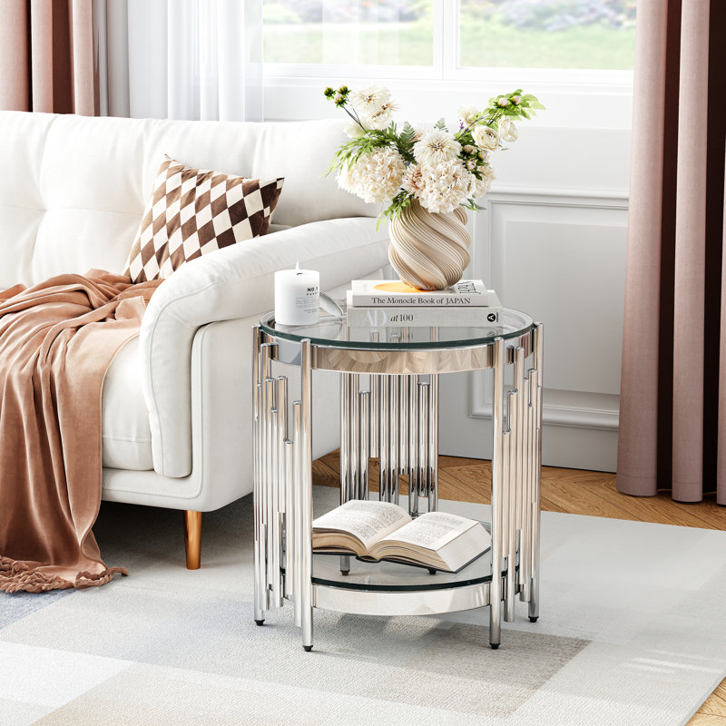 19.69" Round End Table, Two-Tier Tempered Glass And Irregular Cylindrical Stainless Steel Frame, Clear, Silver