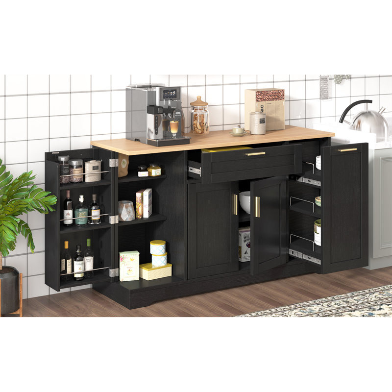 Table de salle à manger extensible et buffet de rangement multifonctionnel pour les espaces de cuisine, noir, flexible dans l'armoire de gauche, base Kickboard avec plateau noir à 3 niveaux, tablettes réglables
