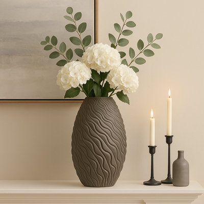 Leika Sculptural Textured Ceramic Table Vase for Living Room - Decorative Tall Flower Vase for Tabletops, Entryway, or Home Decor - Brown