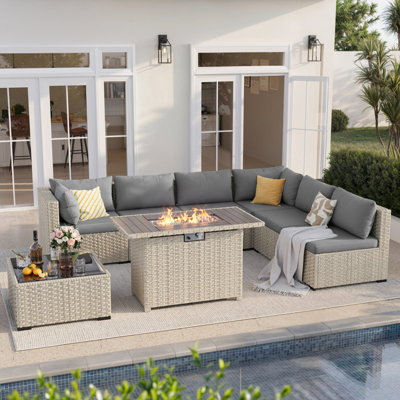 8-Piece Patio Conversation Set With Fire Pit Table, Coffee Table, And Cushions, Gray