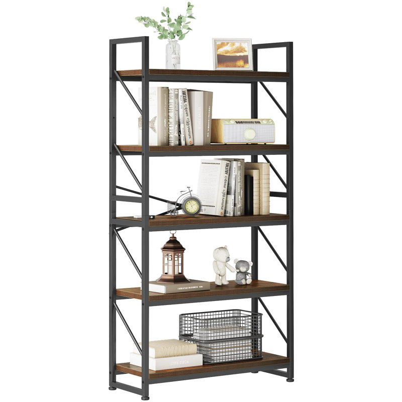 Moriann 158cm H x 80cm W Metal Etagere Bookcase, Black/Beige