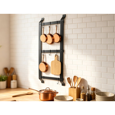 Support vertical pour casseroles et casseroles à fixation murale à 3 niveaux avec 8 crochets pour ustensiles de cuisine