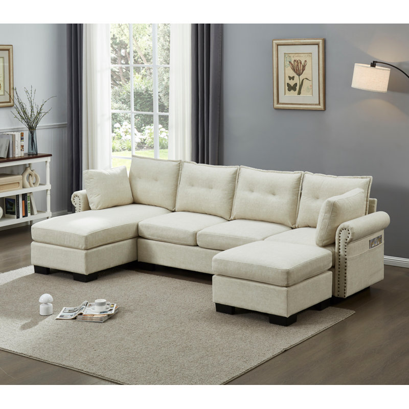 Canapé modulaire en L avec repose-pieds et canapé modulaire en L, Polyester beige