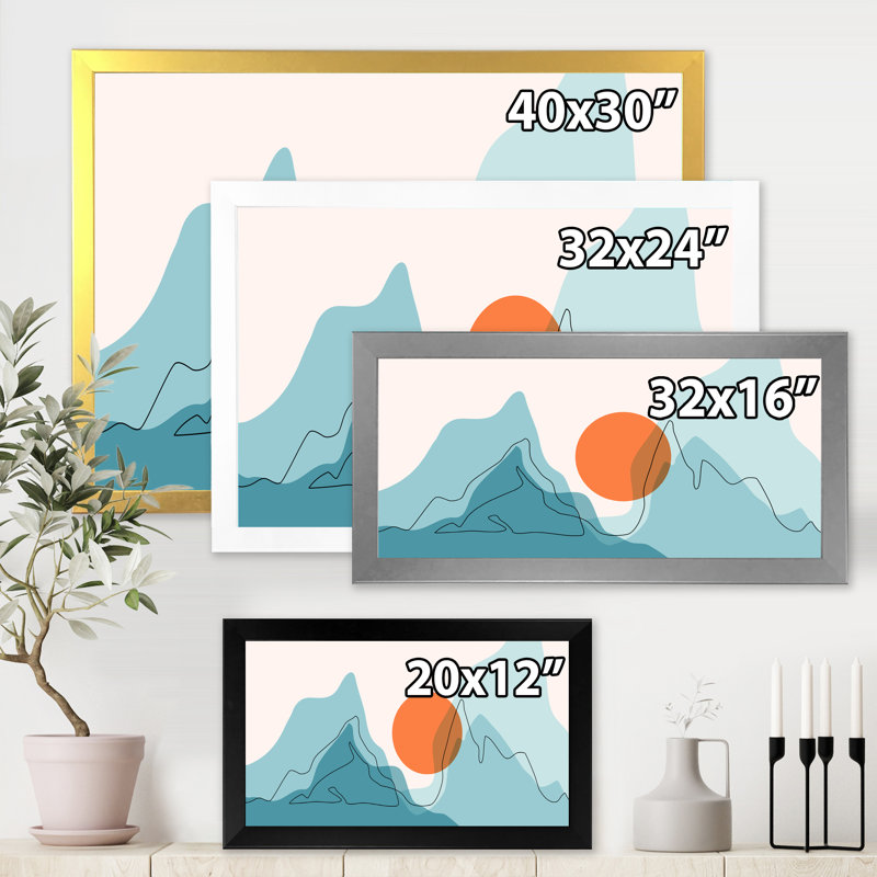 Red Moon Over Abstract Blue Mountains I - peinture sur toile, H 30 po x l 40 po x 1,5 po, Cadre photo blanc