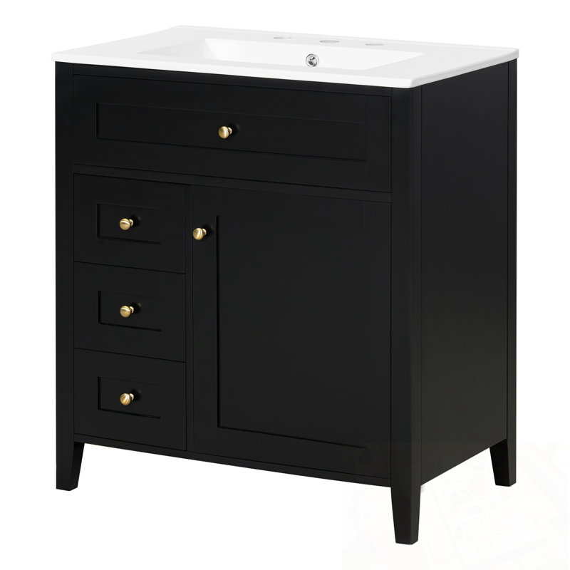 Meuble-lavabo avec lavabo, 3 tiroirs et tablette réglable, Noir